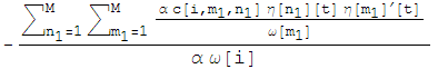 -(Underoverscript[∑, n_1 = 1, arg3] Underoverscript[∑, m_1 = 1, arg3] (α c[i, m_1, n_1] η[n_1][t] η[m_1]^′[t])/ω[m_1])/(α ω[i])
